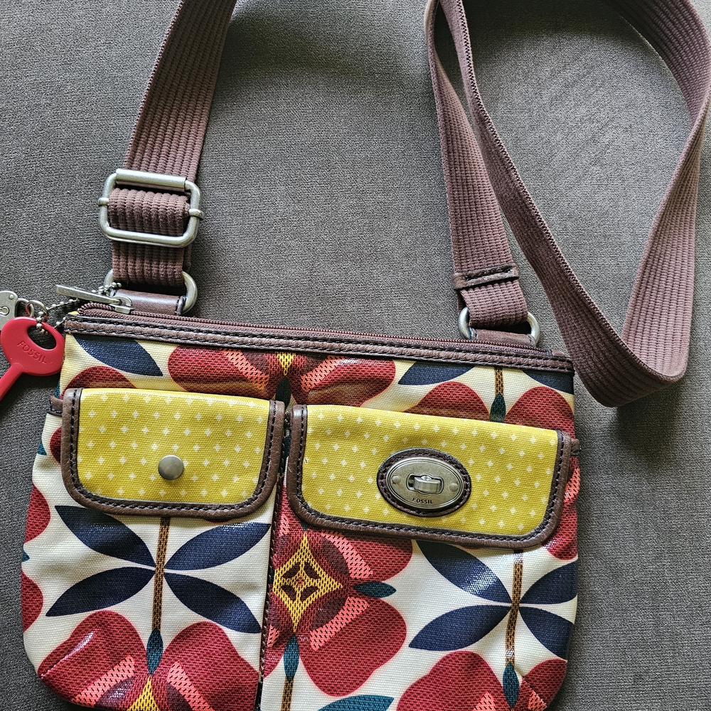 Fossil Multicolor Floral Crossbody Bag with Brown Strap